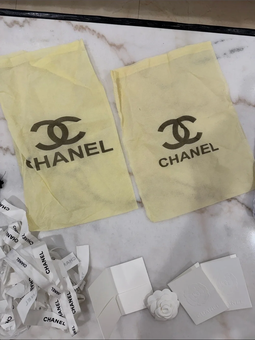CHANEL White Embossed Camellia Card & Ribbon Gift Set